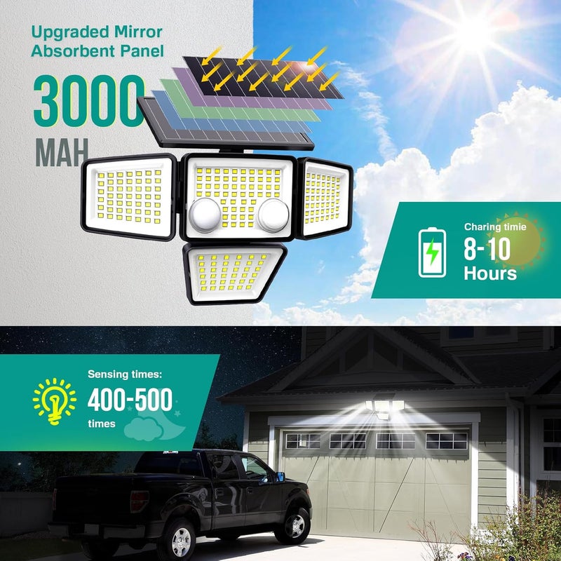 LYWALT Solar Outdoor Lights - 3000LM 188 LED Motion Sensor Outdoor Lights, 4 Heads IP65 Waterproof Powered Security Flood Lights, 270°Wide Lighting Angle Wall Light with Sensors for Backyard Yard - Image 3